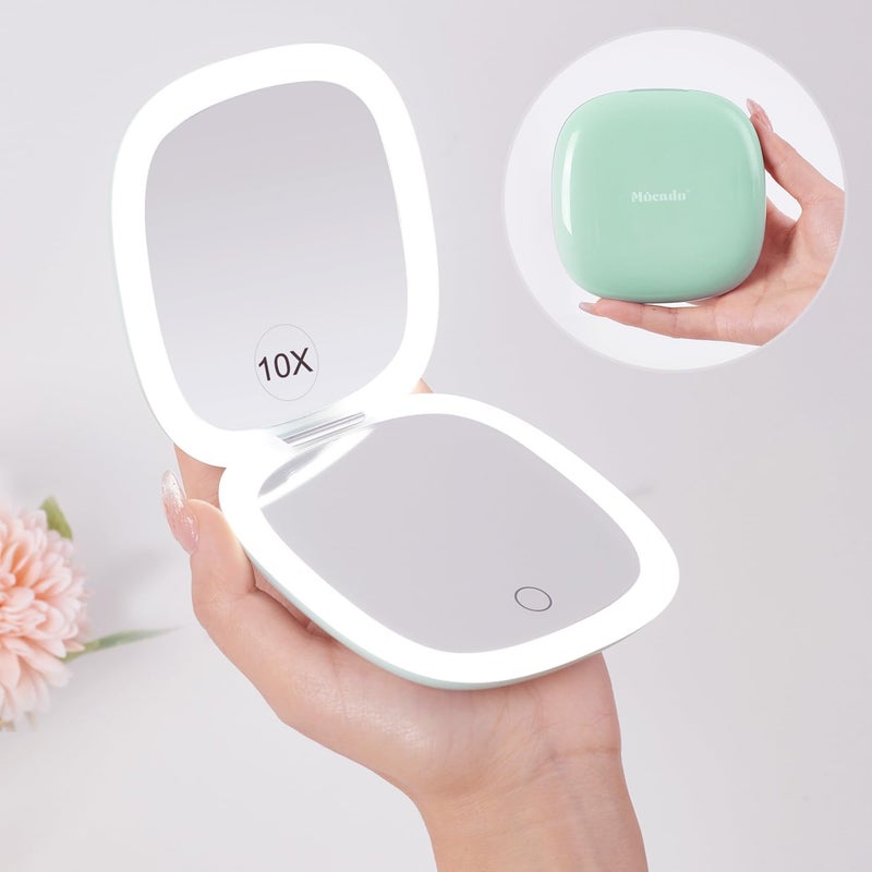 Mocado Compact LED Travel Makeup Mirror 4 Inches 1X10X Magnification Travel Mirror with Light Dimmable Double Sides Lighted USB Rechargeable Compact Mirror for PursePocketTravelPowdery Green